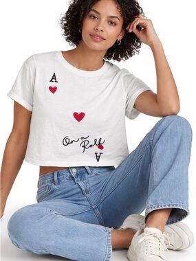 Anthropologie Maeve Jordan Nickson Cropped Graphic Tee Heart Print Boxy Size L